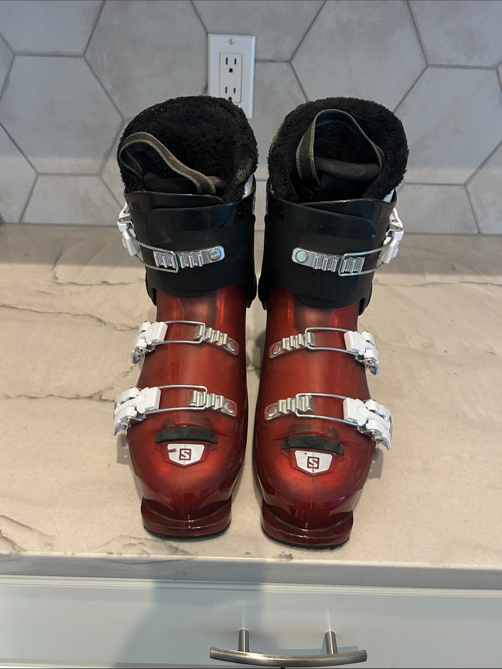 Salomon Red and Black Kids Ski Boots with Silver Buckles